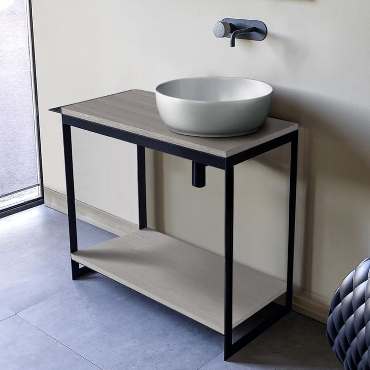 Scarabeo 1807-SOL4-88-No Hole Console Sink Vanity With Ceramic Vessel Sink and Grey Oak Shelf